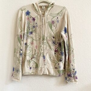 Jillian Nicole Women's Hooded Cardigan Floral Beige Green Full Zip 100% Cotton M